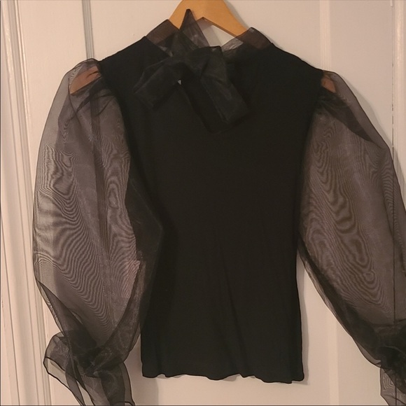 Organza Puff Sleeve Front Tie Top - Picture 2 of 4